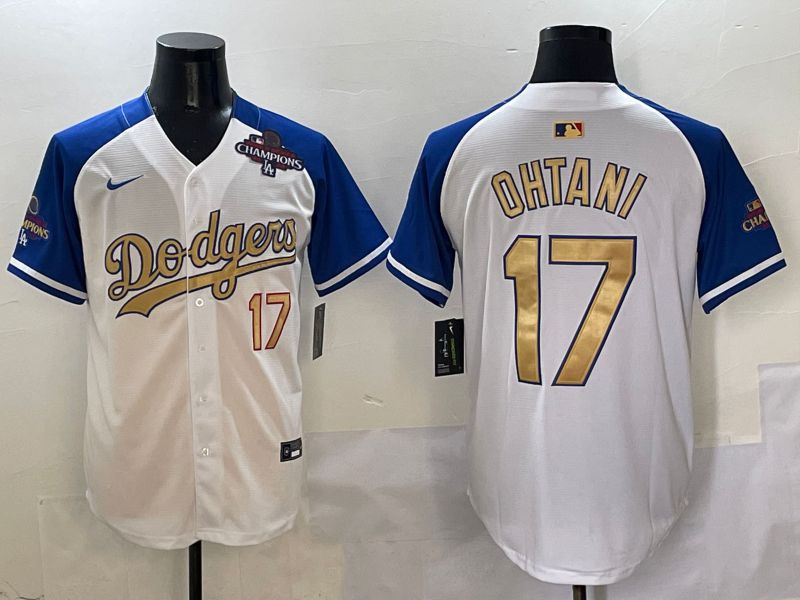 Men Los Angeles Dodgers #17 Ohtani White Blue Gold Game 2025 Nike MLB Jersey style 2